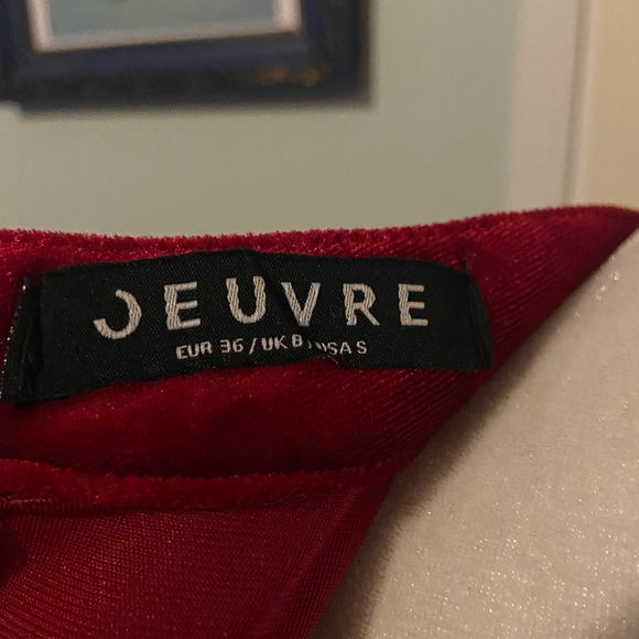 Red velour ruffle shoulder mock neck long sleeve dress • by Jeuvre • size small - Picture 7 of 8